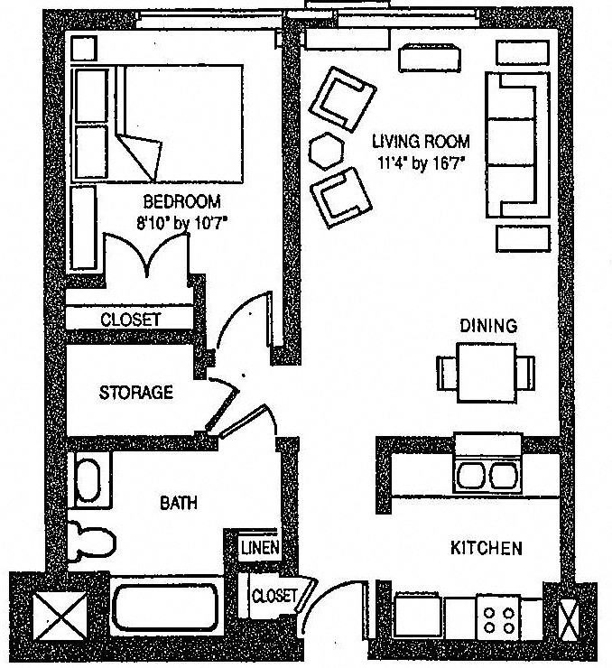 Floor plan for 1 bed, 1 bath, 550 sqft